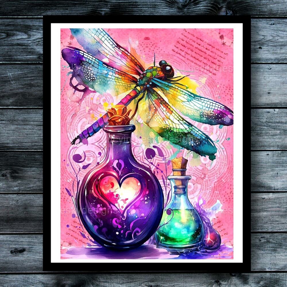 Dragonfly and Magic Potion Love Spell Bright Whimsical Art Print - Picture 1 of 5